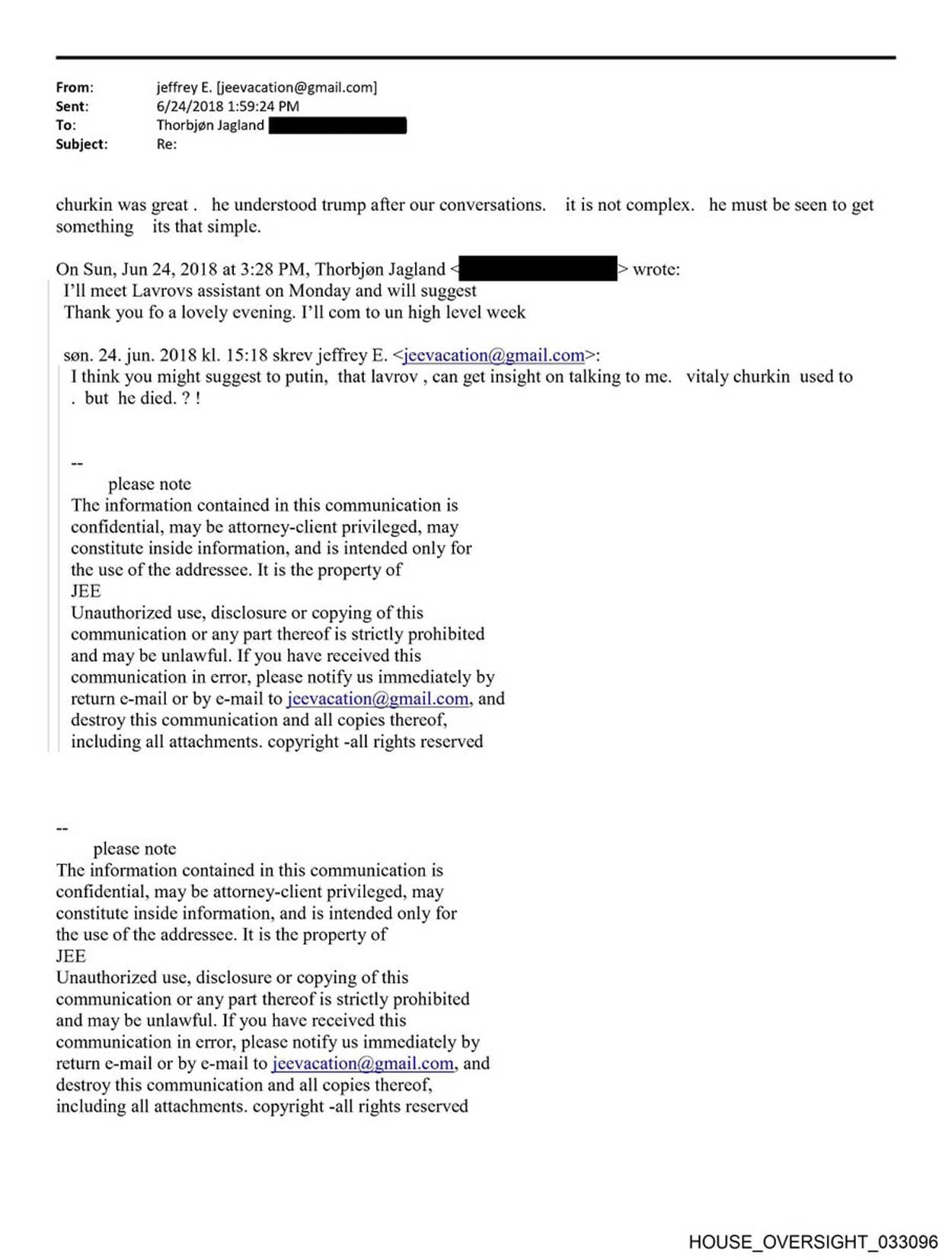 A screenshot of a June 24, 2018 email thread between Jeffrey E. (using a Gmail address) and Thorbjørn Jagland. The visible message from Jeffrey states that “churkin was great,” that Churkin understood Trump after their conversations, and that “he must be seen to get something—its that simple.” Below it is Jagland’s earlier email about contacting Lavrov’s assistant, followed by Jeffrey’s earlier reply suggesting that Putin or Lavrov could give insight, mentioning that Vitaly Churkin “used to—but he died.” The bottom of the image contains repeated confidentiality disclaimers, and the footer includes a page label reading “HOUSE_OVERSIGHT_033096.”