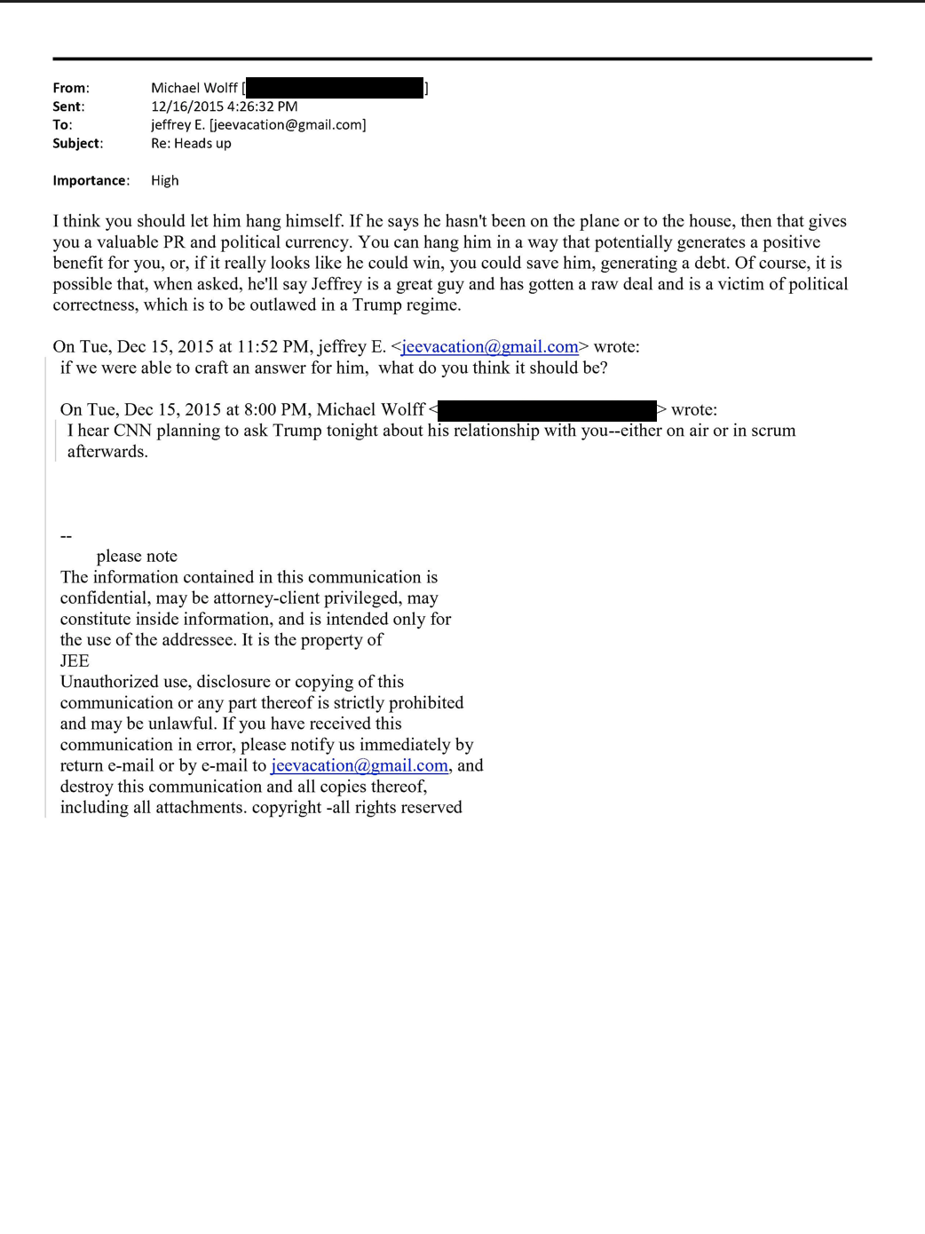 Screenshot of an email from Michael Wolff to Jeffrey Epstein