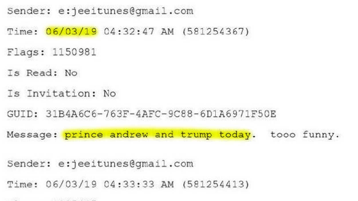 Screenshot of an excerpt from Jeffrey Epsteins emails from 6/3/2019, where he says that he's meeting with Prince Andrew and Donald Trump