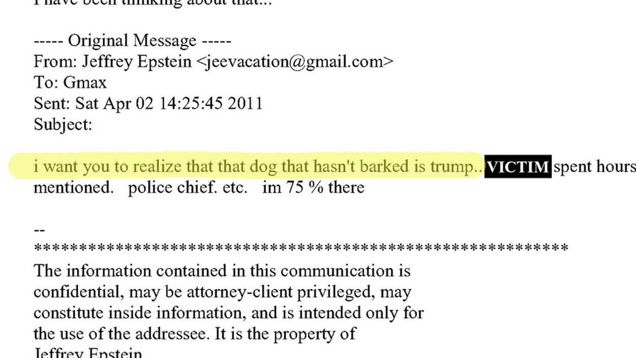Screenshot of an email from Jeffrey Epstein to Ghislaine Maxwell describing Trump as the "dog that hasn't barked"
