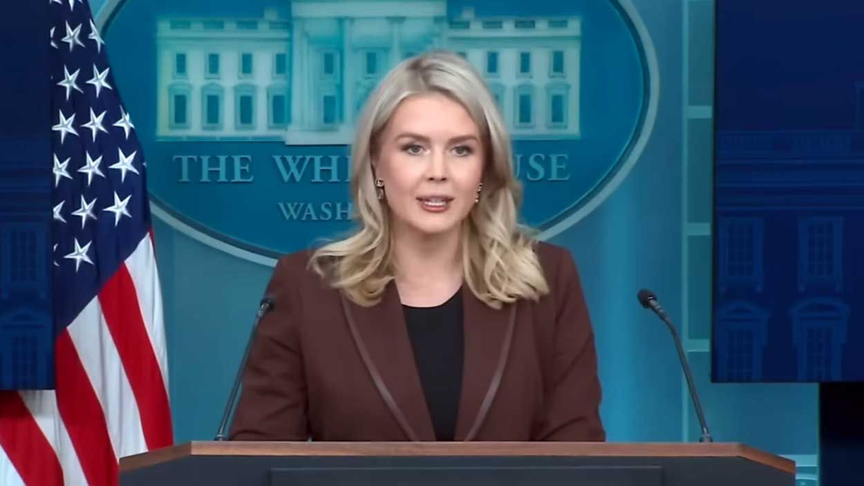 Press Secretary Karoline Leavitt delivers remarks at the White House press podium, addressing reporters about concerns that the October CPI data may not be released.