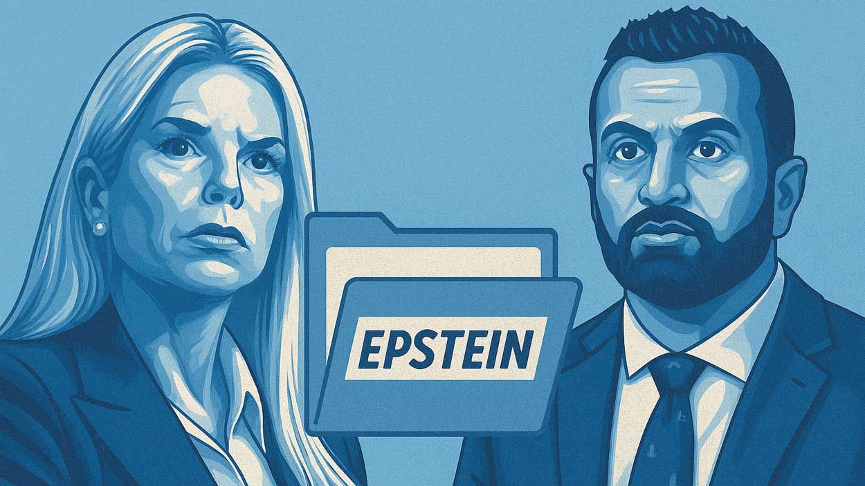 An illustration of Pam Bondi and Kash Patel on either side of a folder labeled "Epstein"