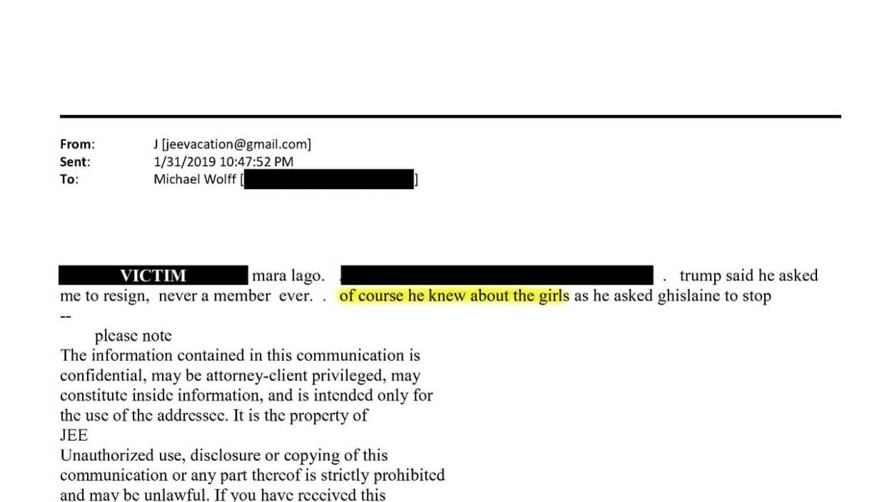 Screenshot from an email from Jeffrey Epstein to Michael Wolff where Epstein says that Trump knew about the girls.