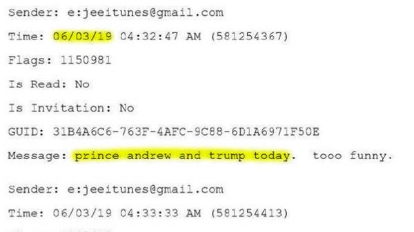 Screenshot of an excerpt from Jeffrey Epsteins emails from 6/3/2019, where he says that he's meeting with Prince Andrew and Donald Trump