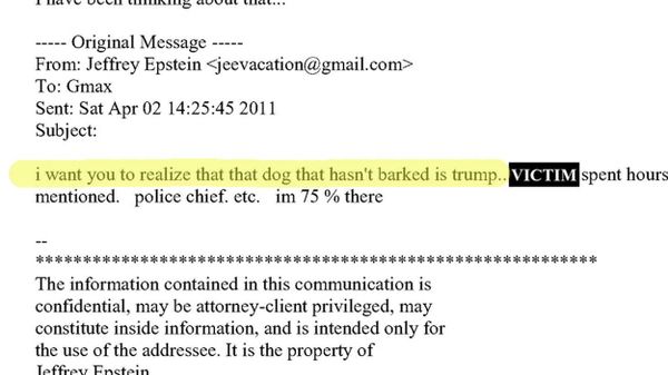 Screenshot of an email from Jeffrey Epstein to Ghislaine Maxwell describing Trump as the "dog that hasn't barked"