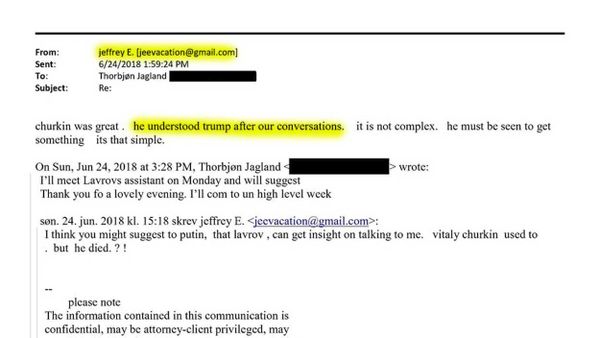A cropped 2018 email from Jeffrey Epstein saying “Churkin was great” and that he “understood Trump after our conversations,” with highlighted text and partial redactions visible.