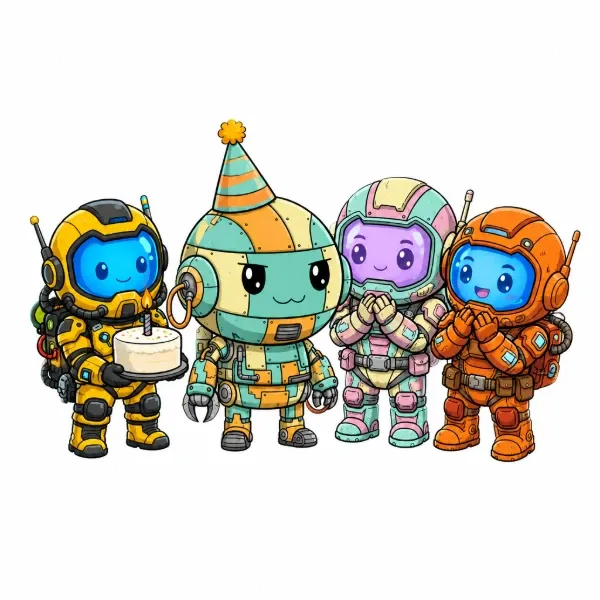 A mint and orange robot character wearing a party hat