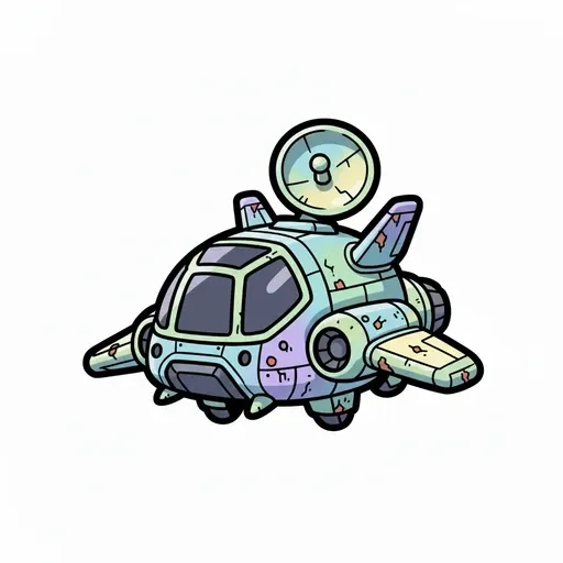 A pale blue derelict fighter with a dish antenna