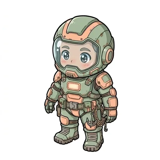 A scavenger character with a rendered human face in a sage green suit