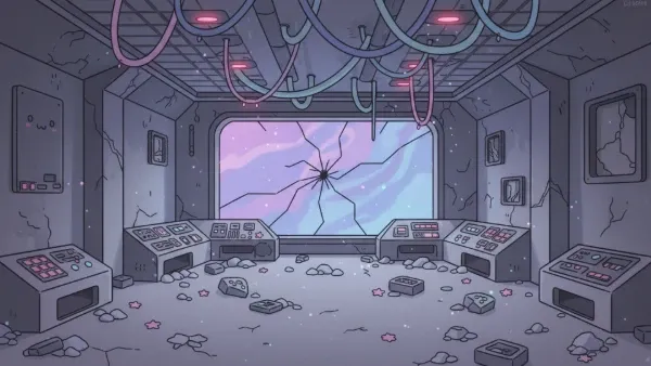 A dim mauve ship bridge with a cracked viewscreen