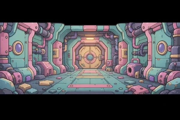A teal and pink corridor with decorative paneling
