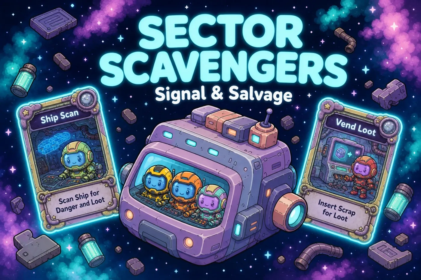 Sector Scavengers Signal and Salvage title art with the game logo in cyan over a deep navy starfield