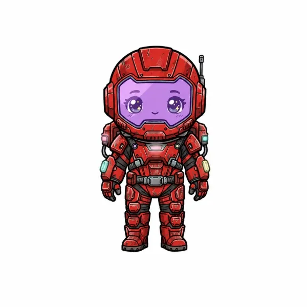 Ruby, a chibi astronaut in a red suit with a purple face plate