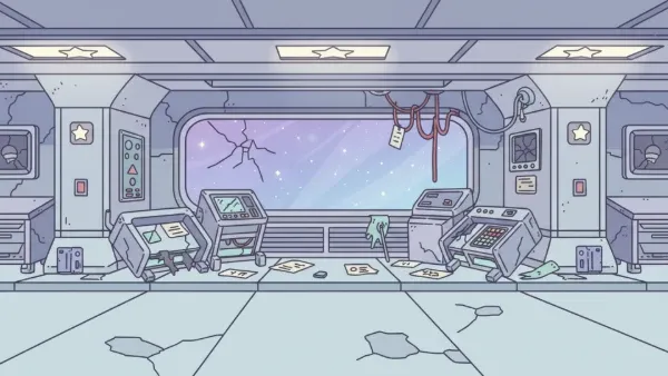A pale lavender spacecraft corridor interior