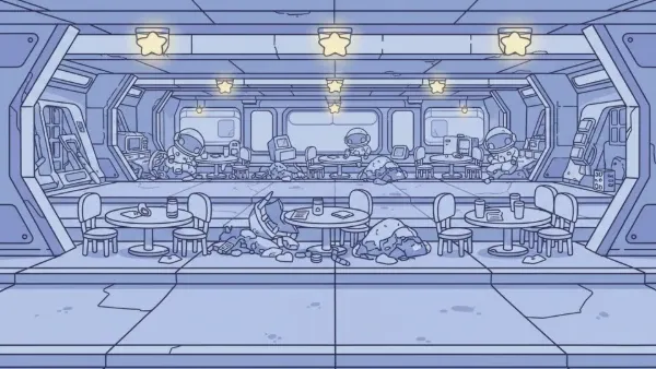 A pale blue mess hall interior with tables and lighting
