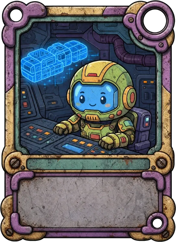 A Sector Scavengers ship scan card showing a crew member inside a mauve riveted frame with a gray text plate at the bottom
