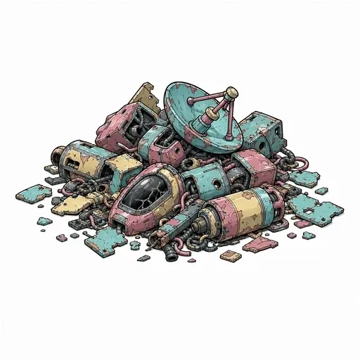 A pile of teal and rose colored spacecraft debris
