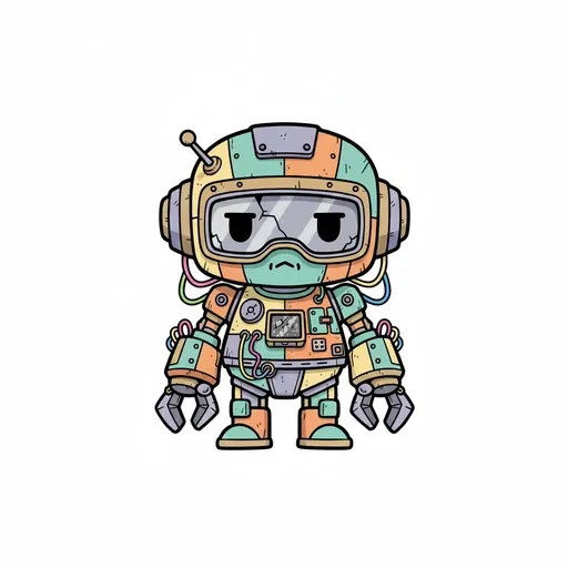 A scavenger figure in a patched teal and orange suit with goggles