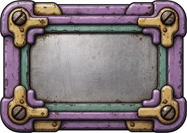 A wide mauve metal UI button with brass bolts and a scratched gray face