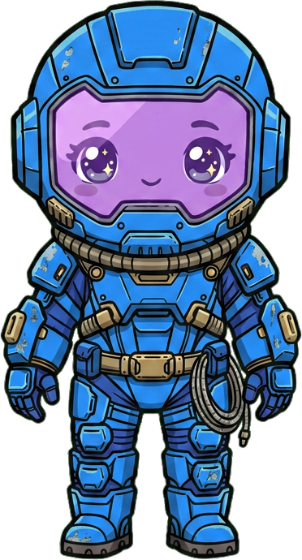 Biff, a chibi astronaut in a cerulean blue suit with a purple face plate