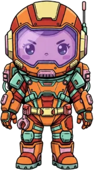 Lucas, a chibi astronaut in an orange suit with a purple face plate