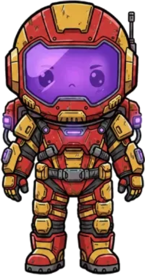 Roger, a chibi astronaut in a red-orange suit with a purple face plate