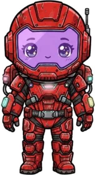 Ruby, a chibi astronaut in a red suit with a purple face plate
