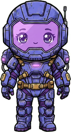 Yuri, a chibi astronaut in an indigo suit with a purple face plate