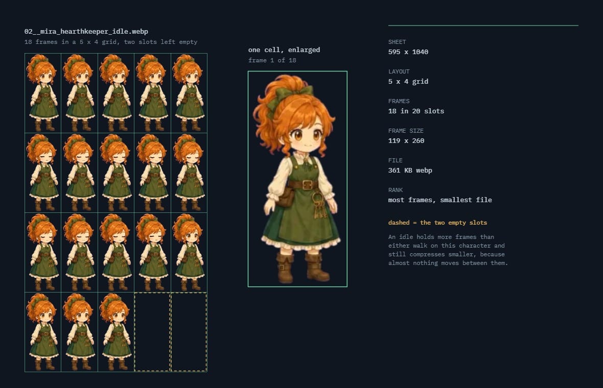 An idle sprite sheet laid out as a five by four grid with the cell boundaries drawn, the two unused slots in the bottom row marked, and one cell enlarged beside a table of the sheet dimensions