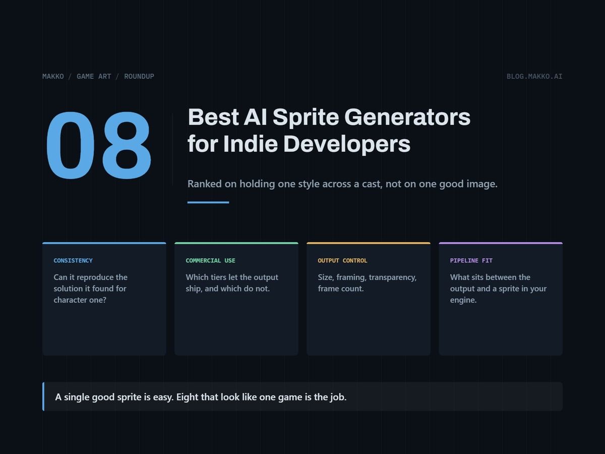 Title card for Best AI Sprite Generators for Indie Developers. Criteria: consistency, commercial use, output control, pipeline fit.