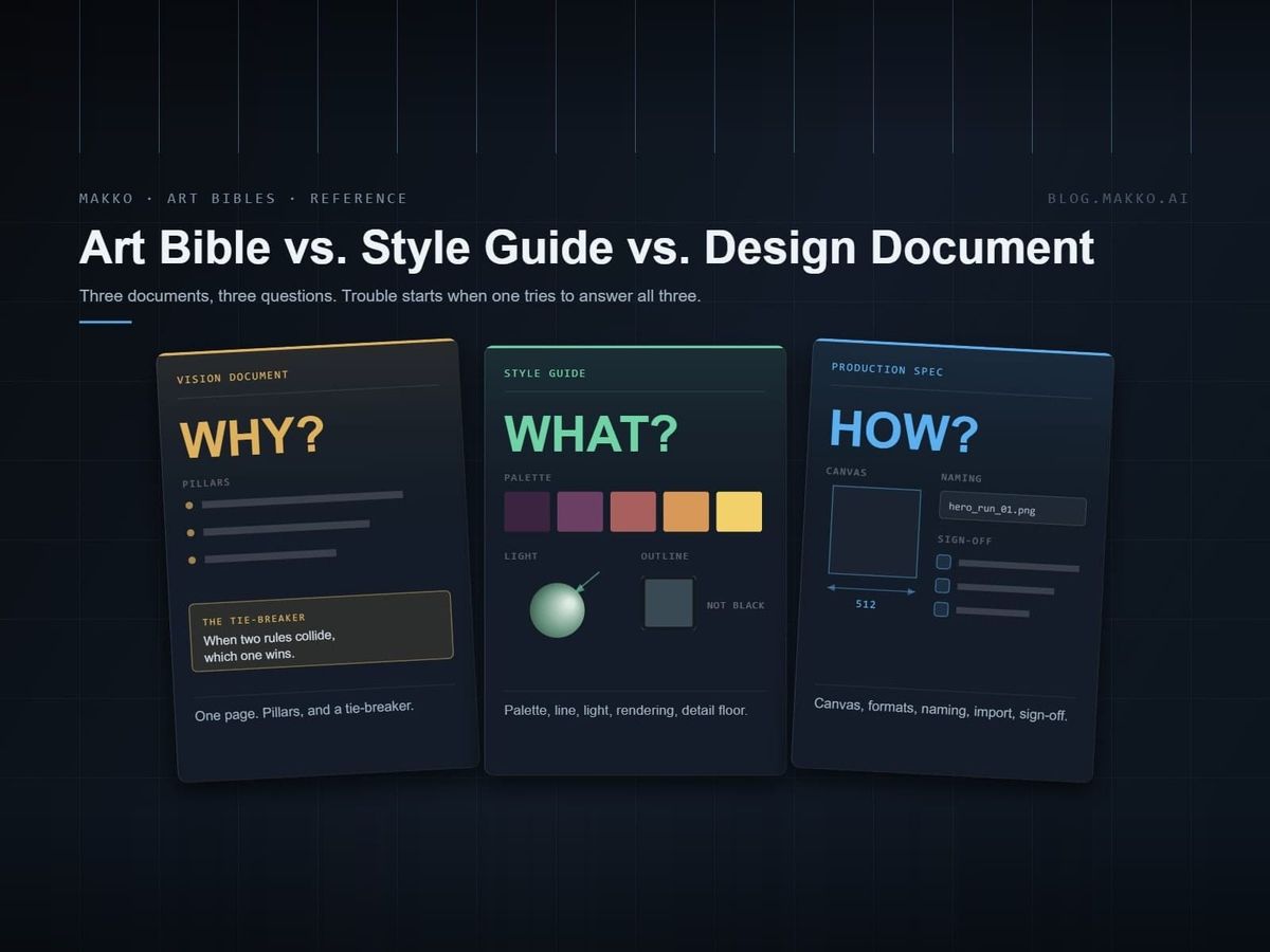 Three Makko-framed document plates side by side: a vision document answering WHY with pillars and a tie-breaker, a style guide answering WHAT with palette, light and outline rules, and a pro