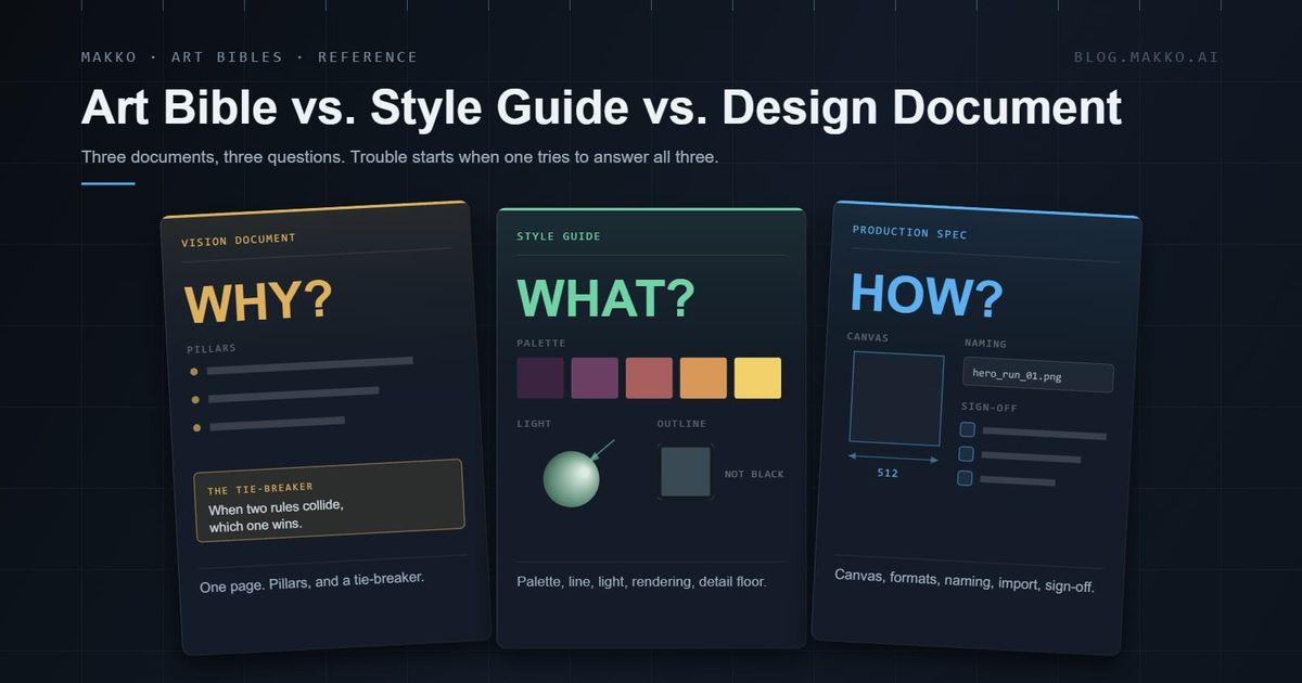 Three Makko-framed document plates side by side: a vision document answering WHY with pillars and a tie-breaker, a style guide answering WHAT with palette, light and outline rules, and a pro