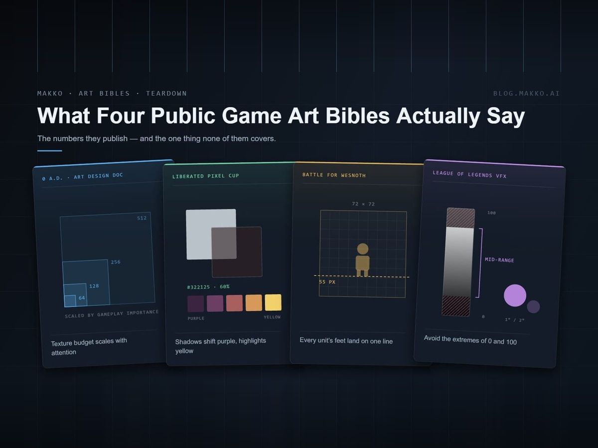 Four Makko-framed plates fanned across a dark grid, each diagramming one public art bible: 0 A.D.’s texture budget ladder, the Liberated Pixel Cup shadow value and hue-shift ramp, Wesnoth’s 