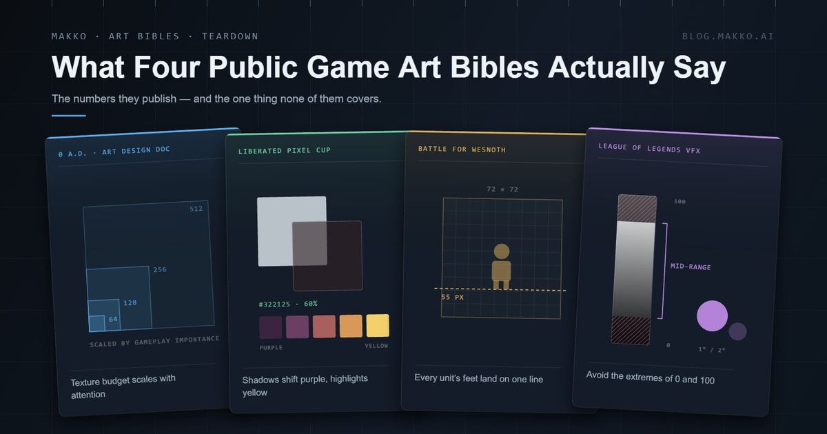 Four Makko-framed plates fanned across a dark grid, each diagramming one public art bible: 0 A.D.’s texture budget ladder, the Liberated Pixel Cup shadow value and hue-shift ramp, Wesnoth’s 