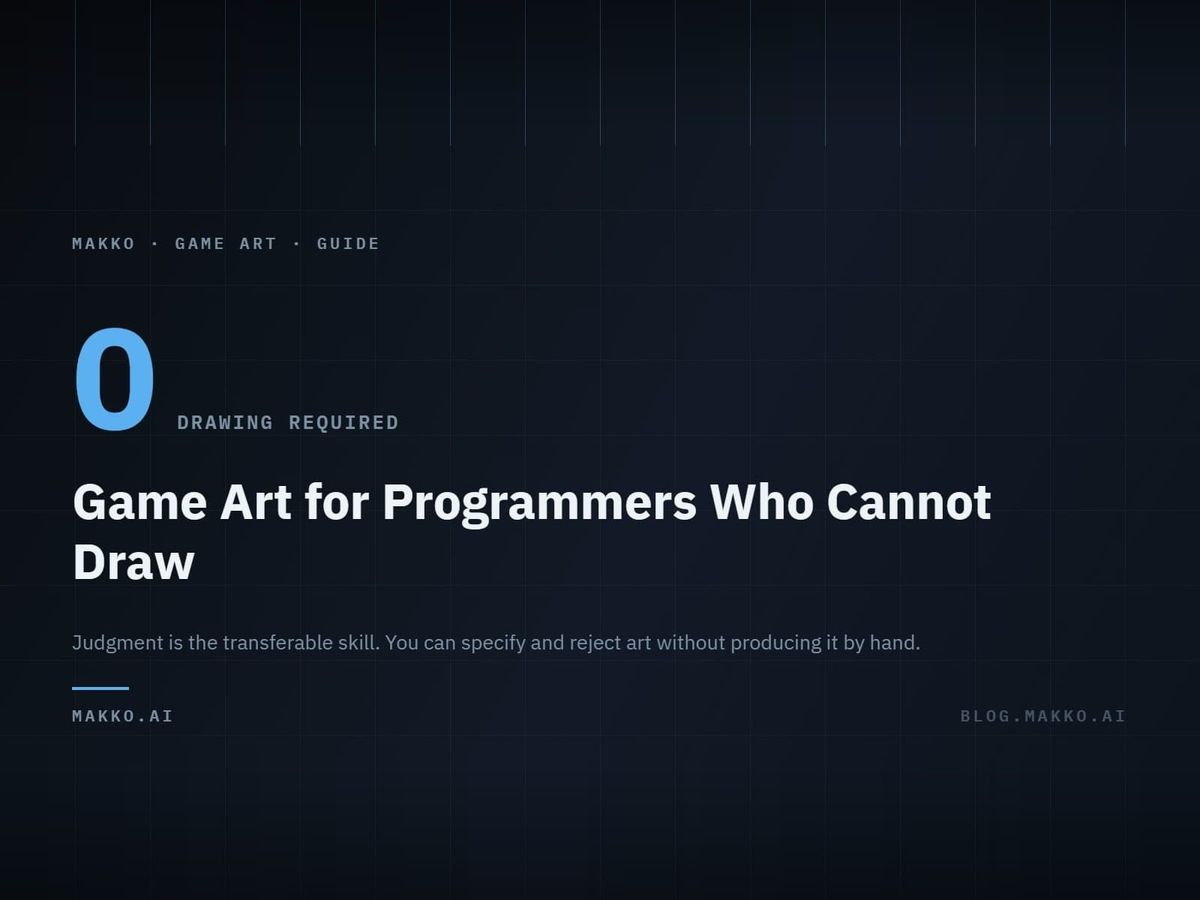 Title card on a dark technical grid: the figure 0 labeled "drawing required", above the headline "Game Art for Programmers Who Cannot Draw".