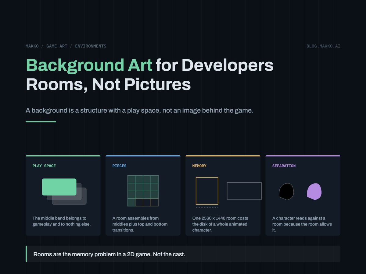 Title card for Background Art for Developers Rooms, Not Pictures. Four panels: play space, pieces, memory, separation.