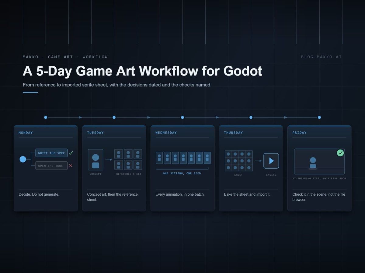 A five-station pipeline track on a dark grid, one Makko-framed plate per day: Monday decide, Tuesday concept then reference sheet, Wednesday animations in one batch, Thursday bake and import