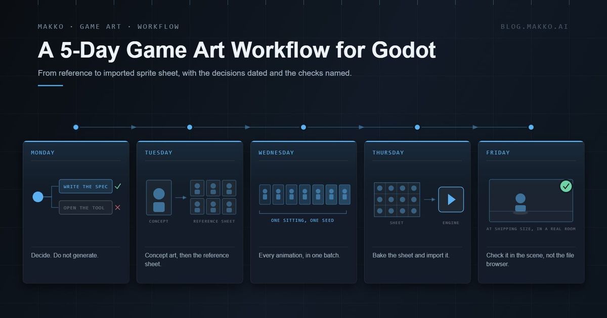 A five-station pipeline track on a dark grid, one Makko-framed plate per day: Monday decide, Tuesday concept then reference sheet, Wednesday animations in one batch, Thursday bake and import