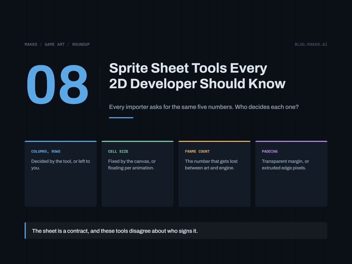 Title card for Sprite Sheet Tools Every 2D Developer Should Know. Criteria: columns, rows, cell size, frame count, padding.
