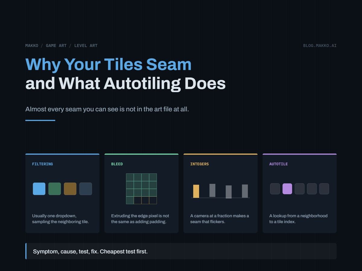 Title card for Why Your Tiles Seam and What Autotiling Does. Four panels: filtering, bleed, integers, autotile.