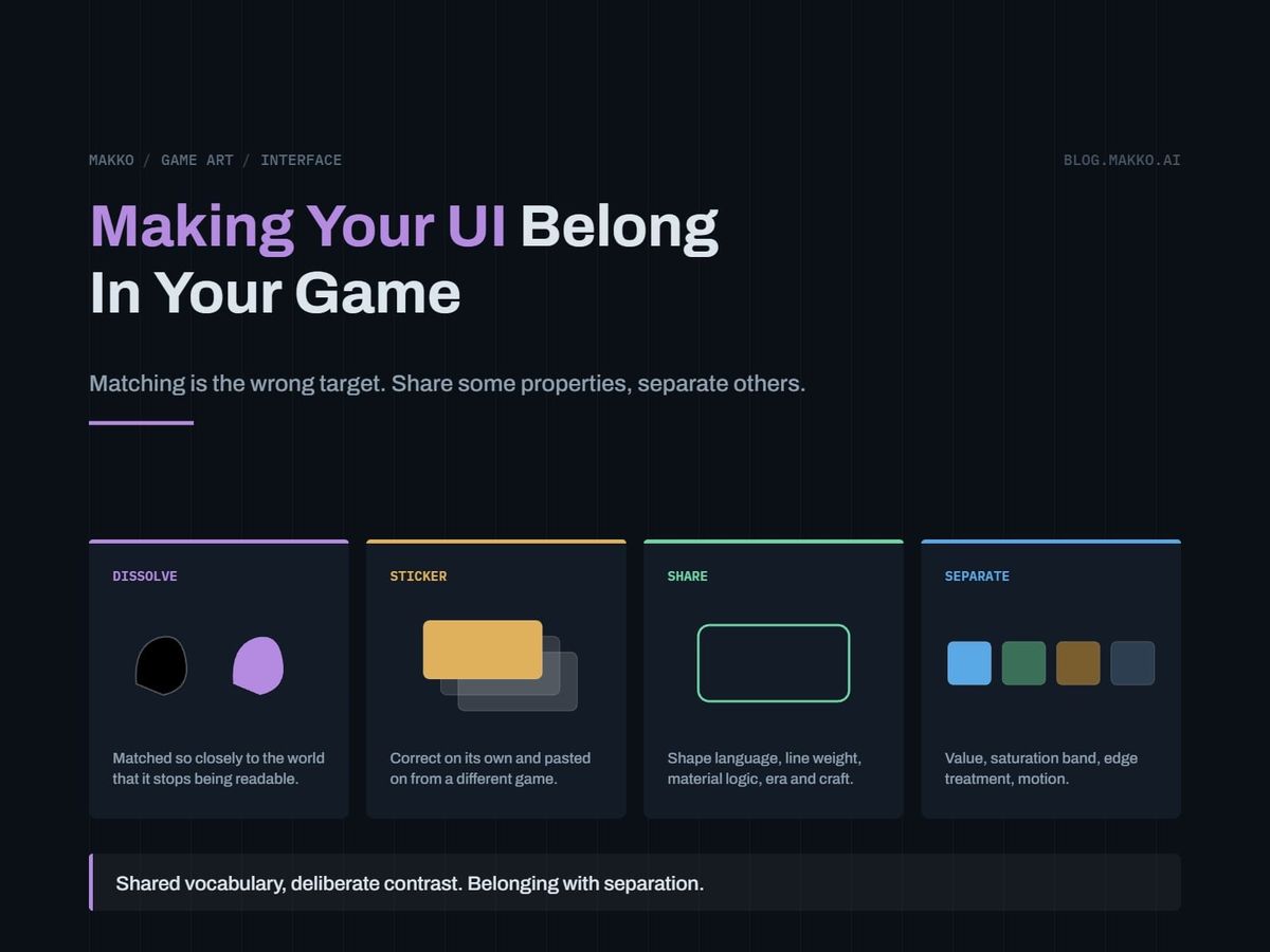 Title card for Making Your UI Belong In Your Game. Four panels: dissolve, sticker, share, separate.