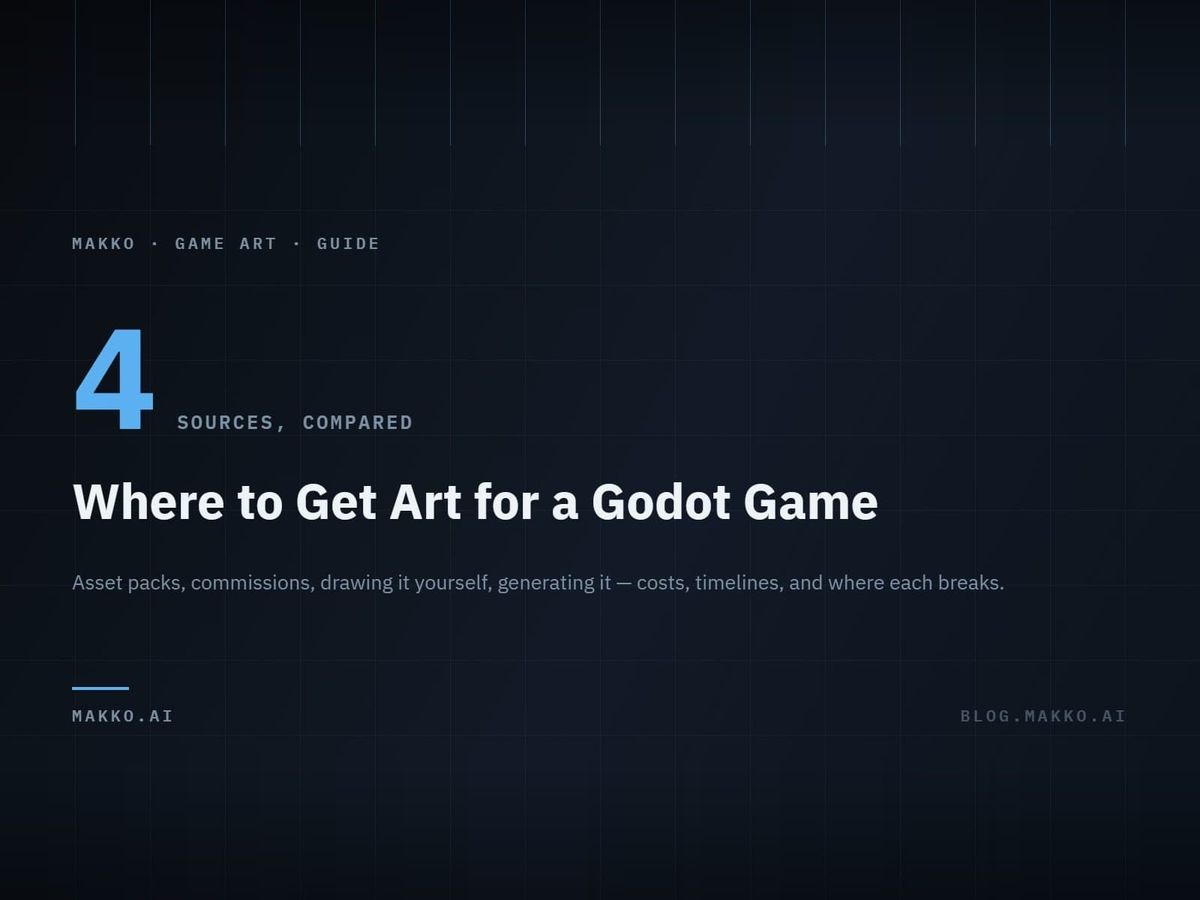 Title card on a dark technical grid: the figure 4 labeled "sources, compared", above the headline "Where to Get Art for a Godot Game".