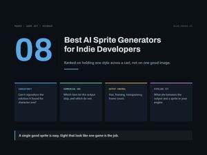 Title card for Best AI Sprite Generators for Indie Developers. Criteria: consistency, commercial use, output control, pipeline fit.