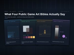 Four Makko-framed plates fanned across a dark grid, each diagramming one public art bible: 0 A.D.’s texture budget ladder, the Liberated Pixel Cup shadow value and hue-shift ramp, Wesnoth’s 
