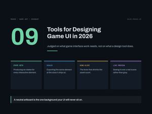 Title card for Tools for Designing Game UI in 2026. Criteria: state sets, scales, nine-slice, live preview.