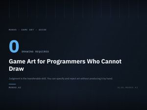 Title card on a dark technical grid: the figure 0 labeled "drawing required", above the headline "Game Art for Programmers Who Cannot Draw".