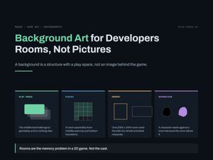 Title card for Background Art for Developers Rooms, Not Pictures. Four panels: play space, pieces, memory, separation.