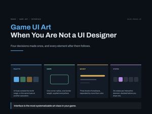 Title card for Game UI Art When You Are Not a UI Designer. Four panels: palette, shape, weight, states.