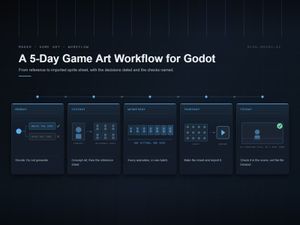 A five-station pipeline track on a dark grid, one Makko-framed plate per day: Monday decide, Tuesday concept then reference sheet, Wednesday animations in one batch, Thursday bake and import