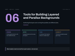 Title card for Tools for Building Layered and Parallax Backgrounds. Criteria: authoring, runtime, tiling, eligibility.